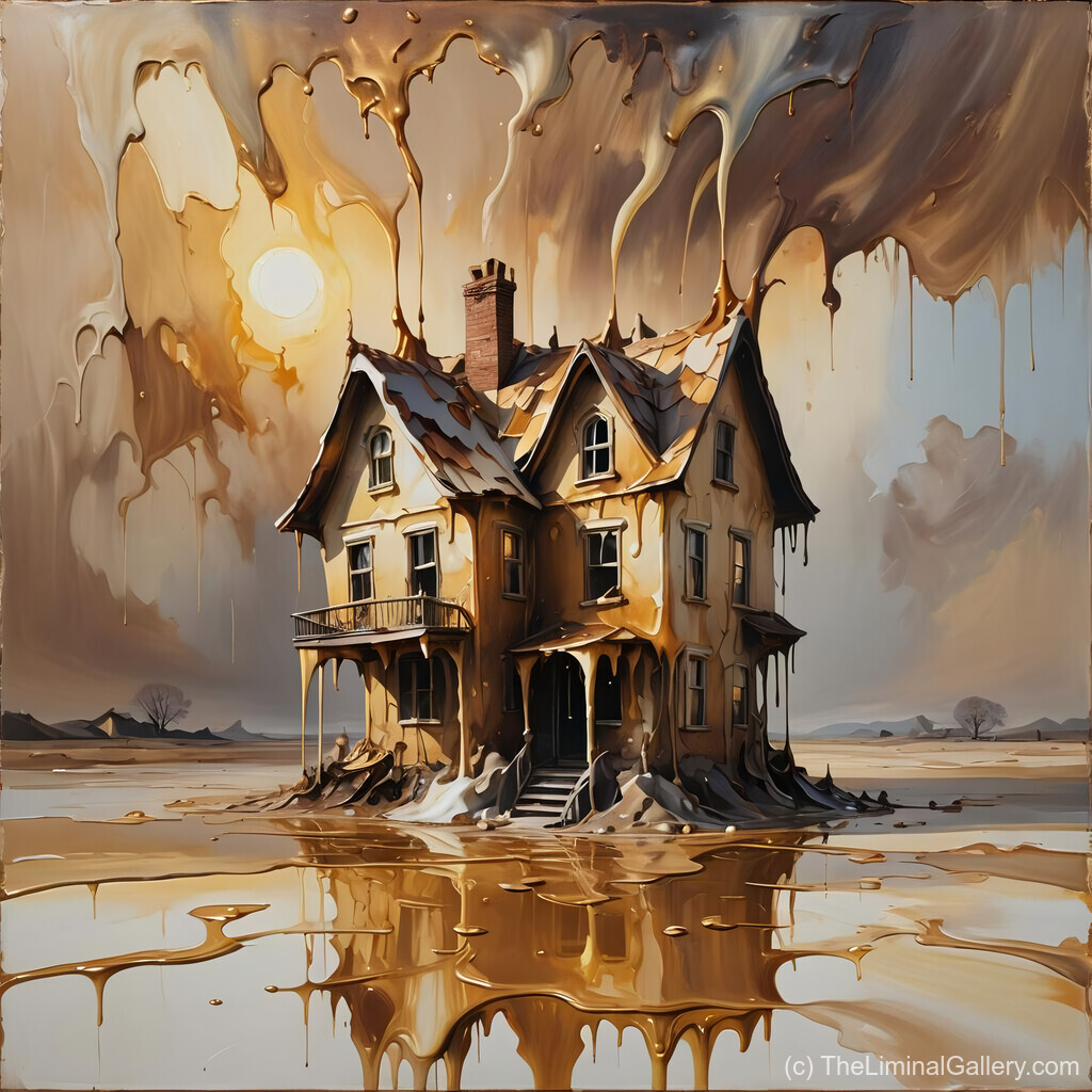 A surreal house dissolves into fluid forms, symbolizing the fleeting nature of memories and the fluidity of time.